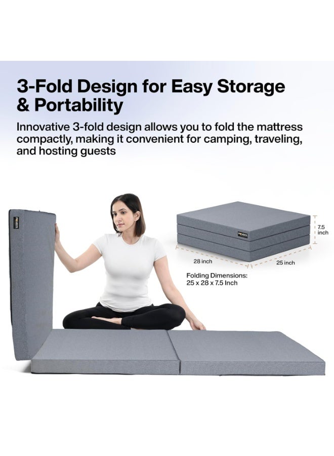 FOVERA Tri-Fold Mattress - Folding Foam Mattress - High Resilience Foam - 190 x 71 x 6.4 cm - Medium Firm - Removable Cover - Grey - Image 5